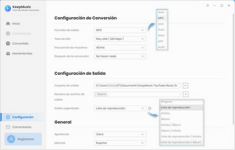 personalizar la configuración de salida de música de youtube music