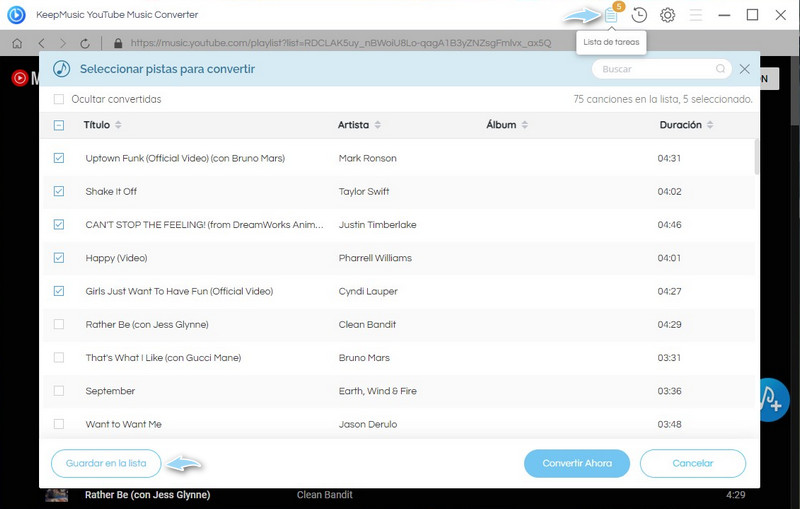Convertir la lista de tareas de YouTube Music